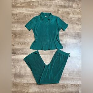 Joie Emerald Green Pleated Button Top & Bottom Pants (2 Piece) Set Med
